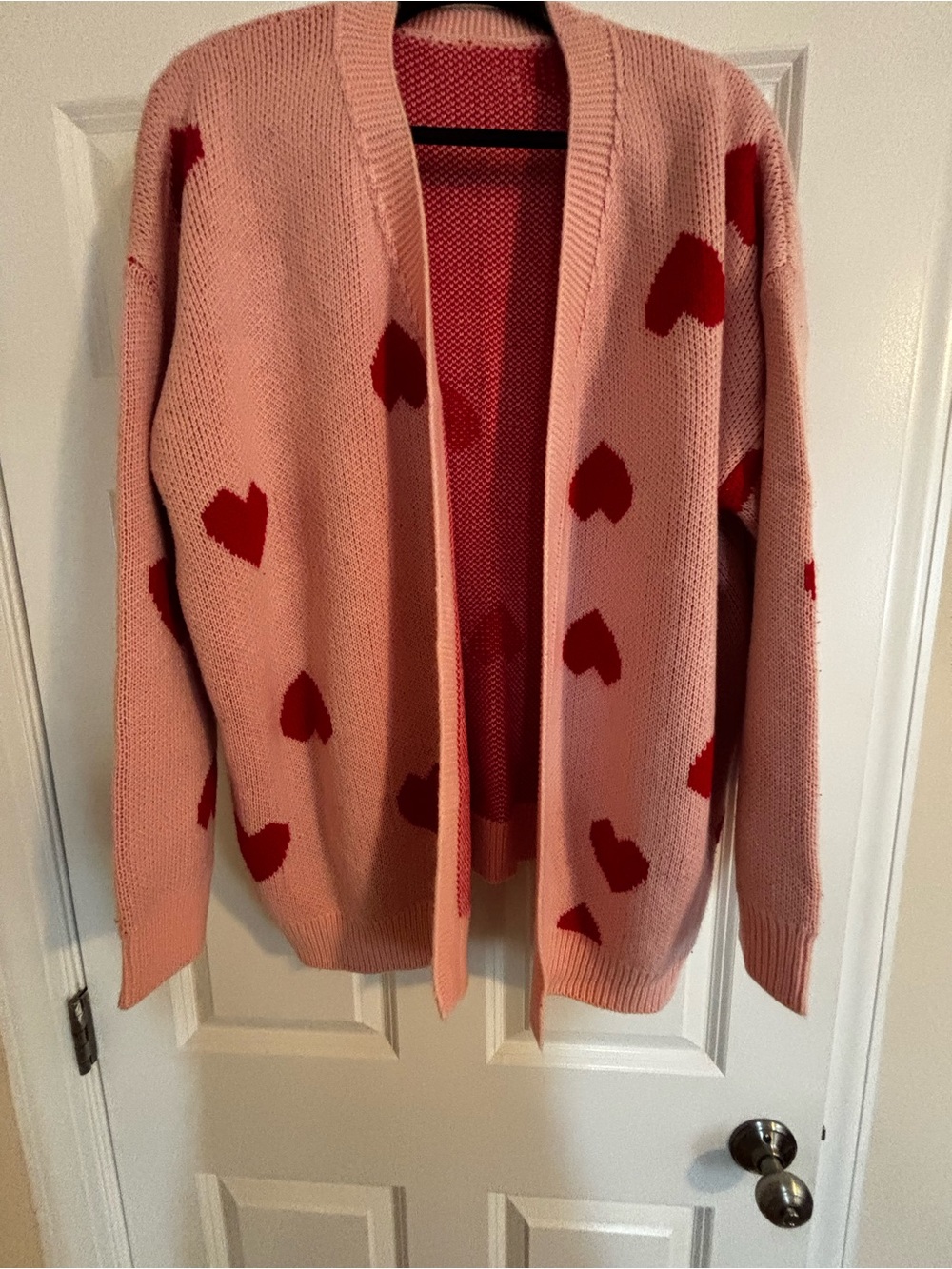 Pink Heart-Print Open Cardigan Sweater